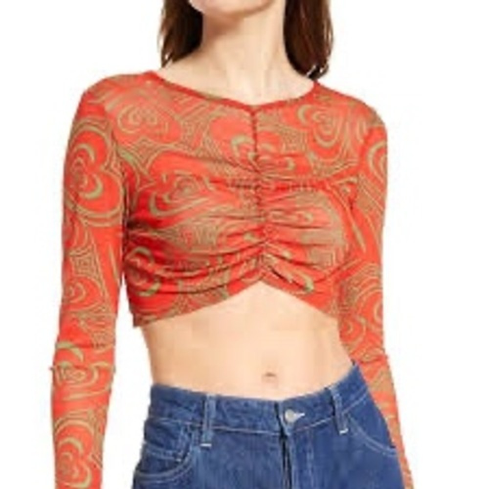Lisa Says Gah Eleanor Mesh Long Sleeve Ruched Crop Top Wild Hearts Red Womens M